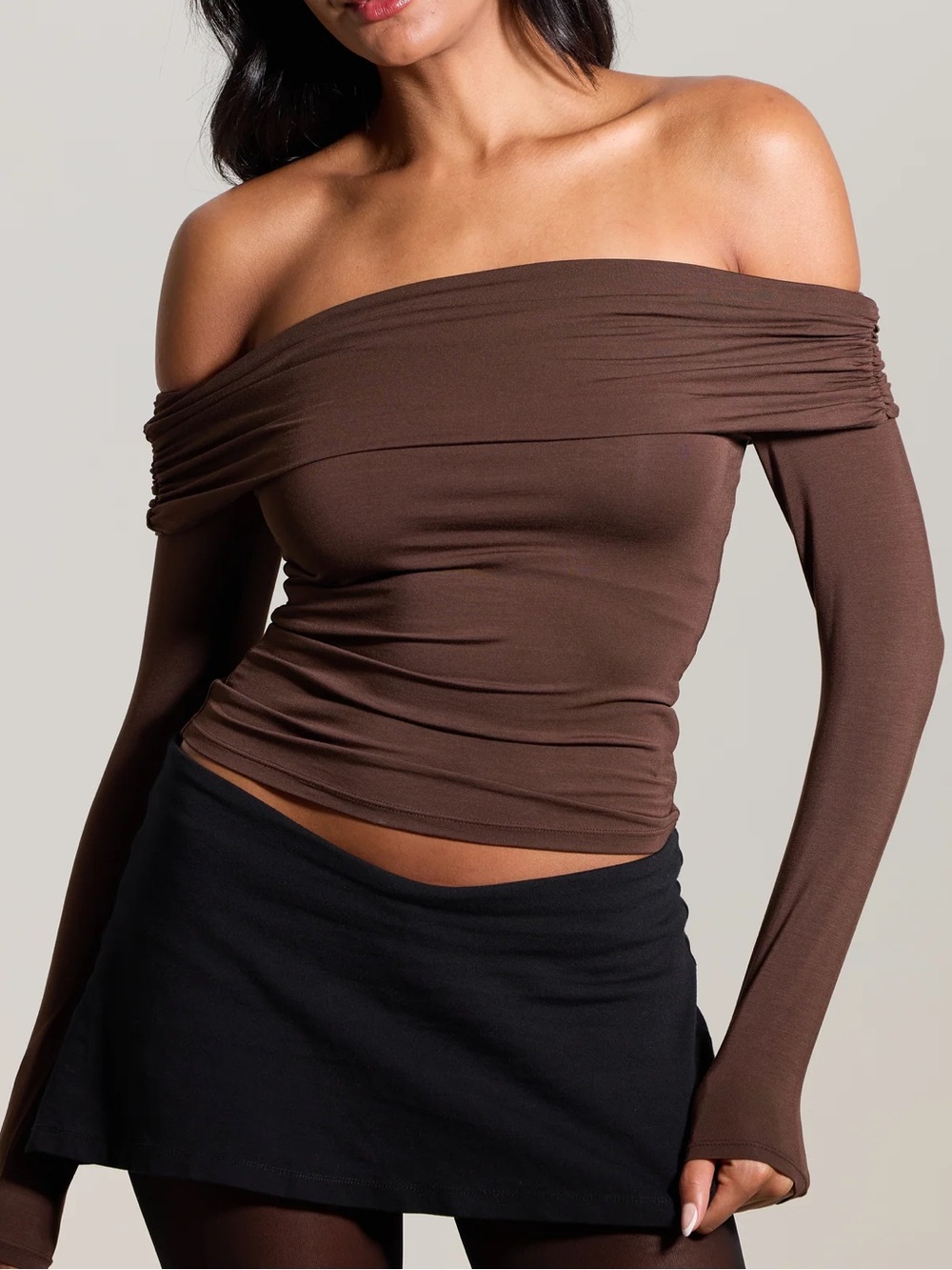 NWT Klassy Network Off-Shoulder Long Sleeve Top in Brown